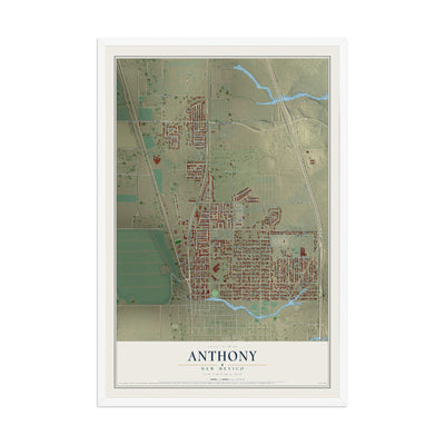 Map of Anthony, New Mexico, 12 x 18 inch print in a white wood frame