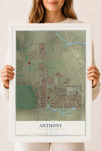 Map of Anthony, New Mexico, 18 x 24 inch print in a white wood frame