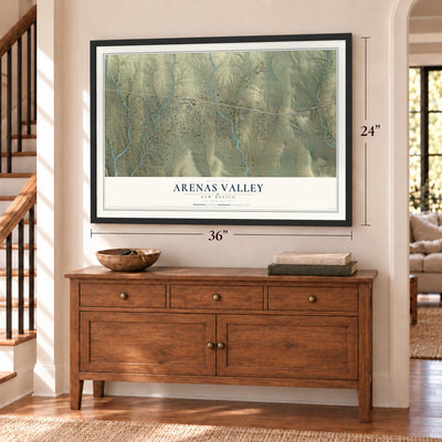 Arenas Valley, New Mexico map, 24 x 36 inch print in a black frame above a dresser by a staircase