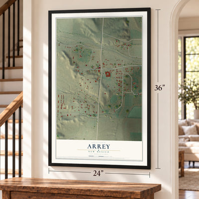 Arrey, New Mexico map, 24 x 36 inch print in a black frame by a staircase