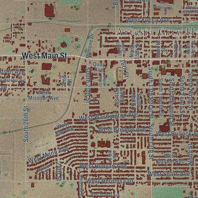 Close-up of the map of Artesia, New Mexico print showing street and building detail