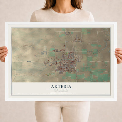 Map of Artesia, New Mexico, 18 x 24 inch print in a white wood frame