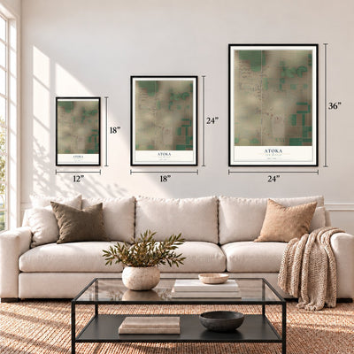 Atoka, New Mexico map in 12 x 18, 18 x 24 and 24 x 36 inch sizes above a sofa