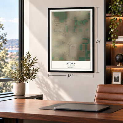 Atoka, New Mexico map, 18 x 24 inch print in a black frame in a home office