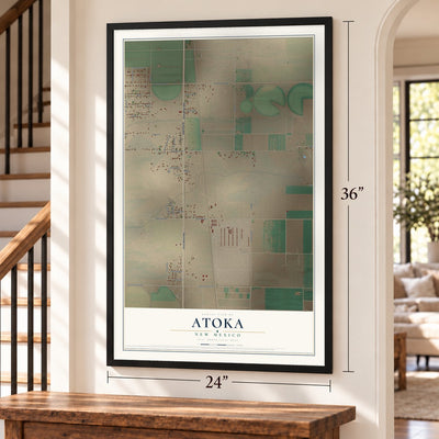Atoka, New Mexico map, 24 x 36 inch print in a black frame by a staircase