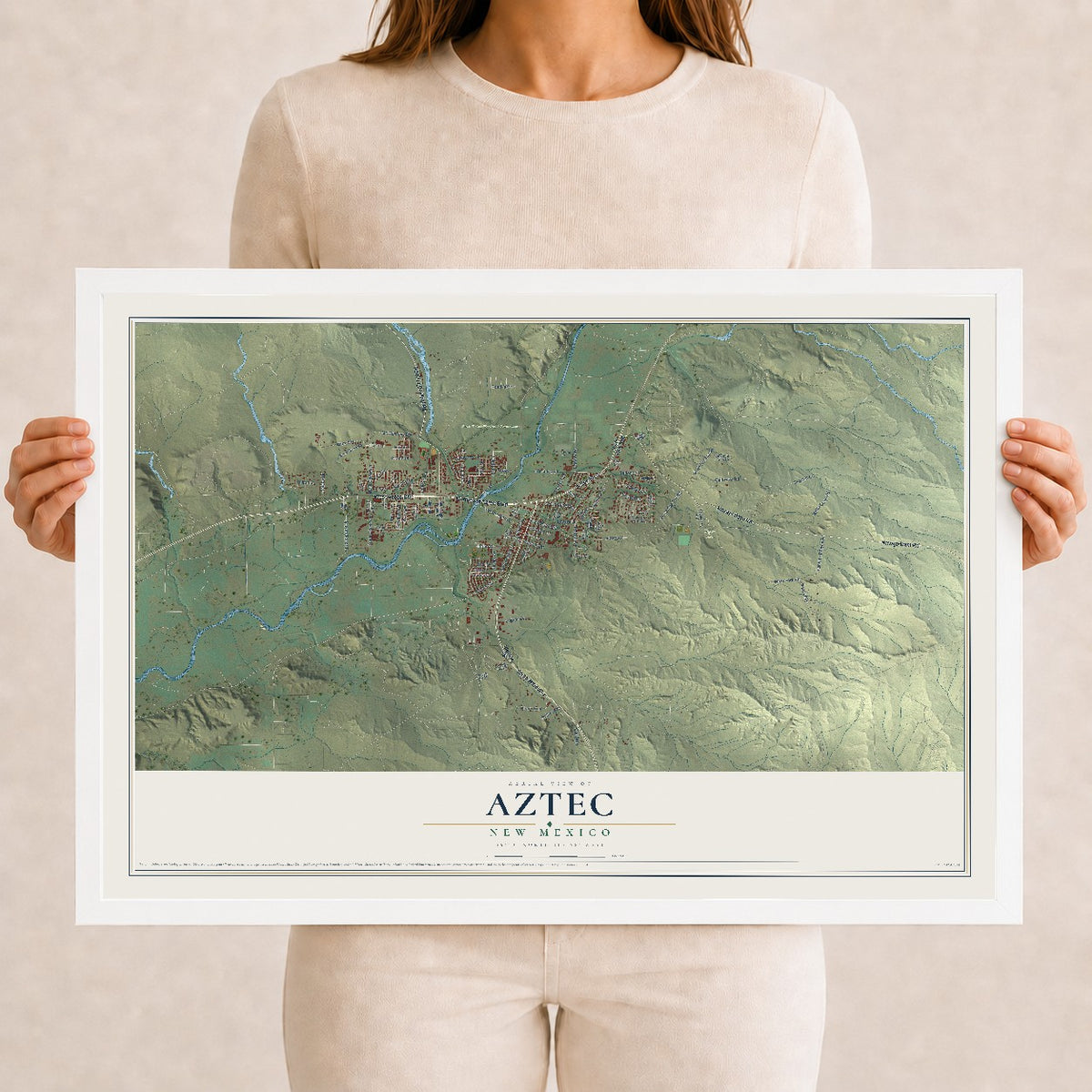 Map of Aztec, New Mexico, 12 x 18 inch print in a white wood frame