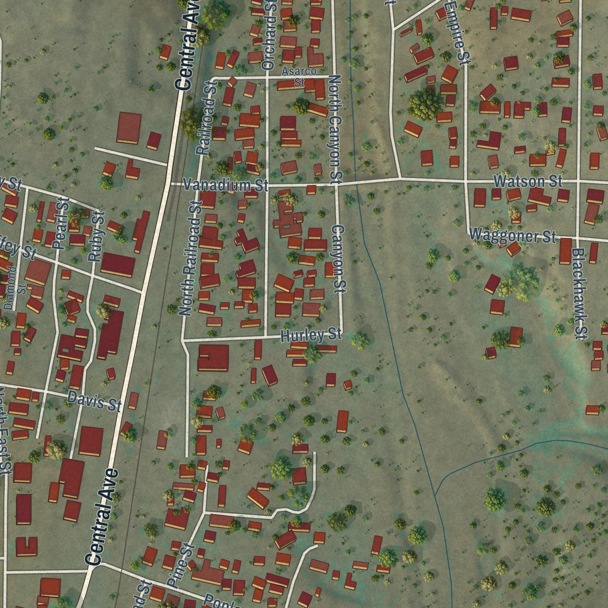 Second close-up of the map of Bayard, New Mexico print showing more streets and buildings