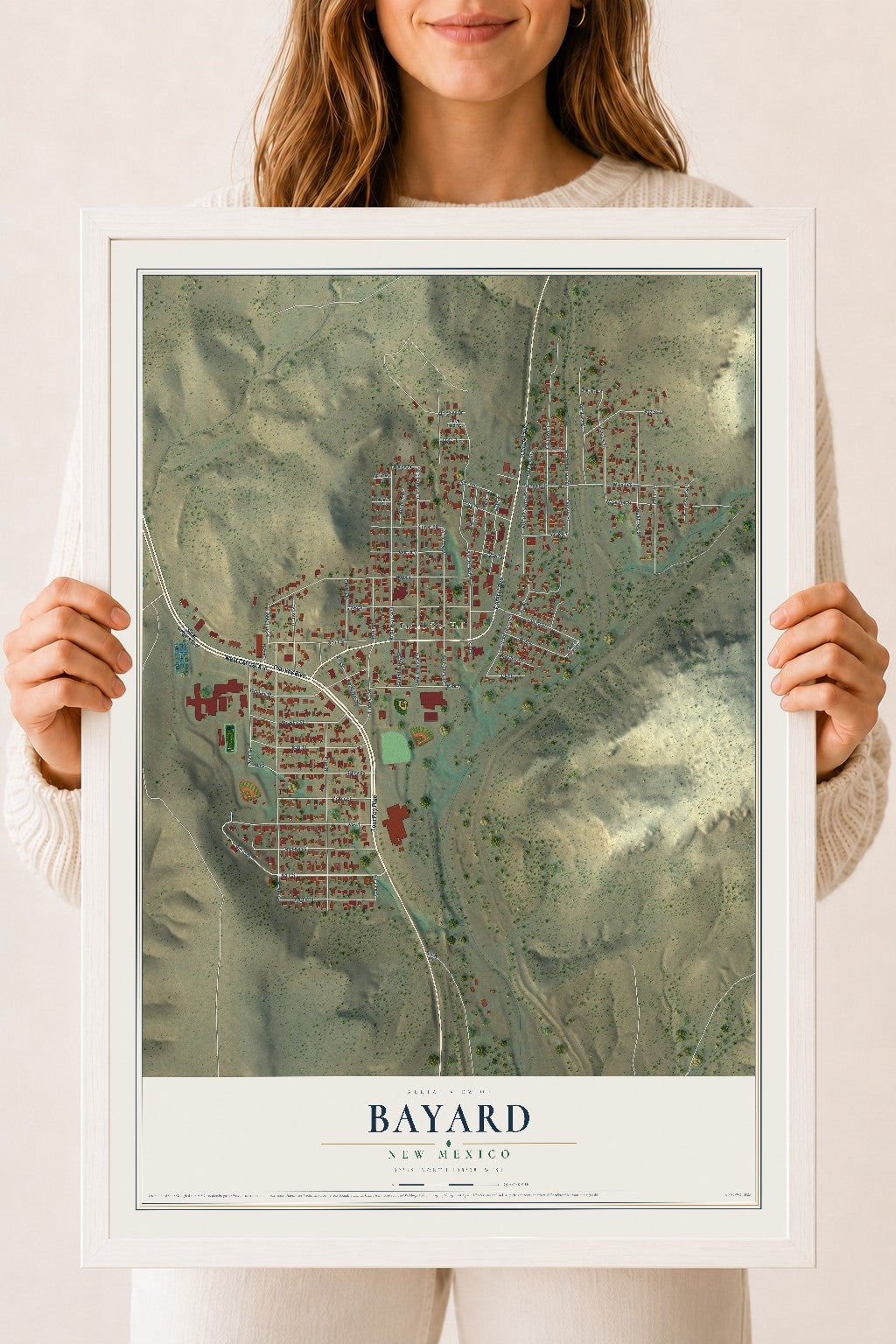 Map of Bayard, New Mexico, 18 x 24 inch print in a white wood frame