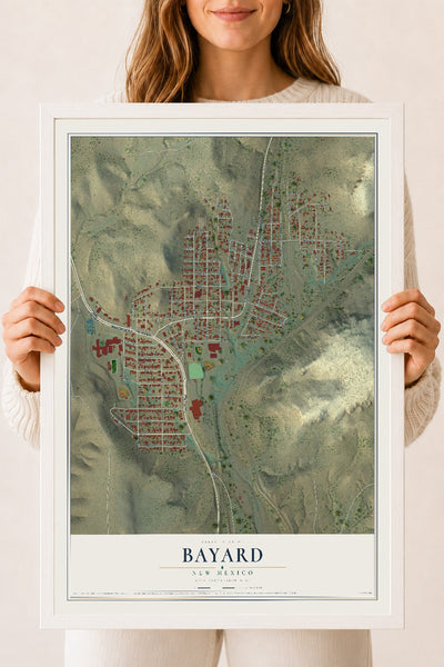 Map of Bayard, New Mexico, 18 x 24 inch print in a white wood frame