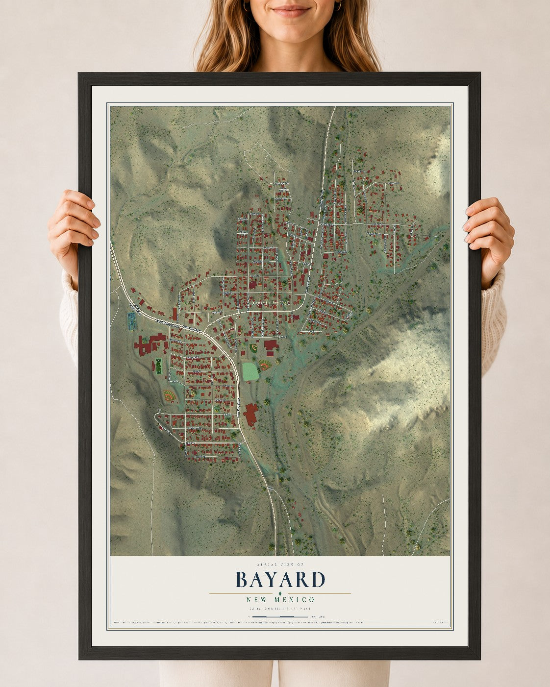 Map of Bayard, New Mexico, 24 x 36 inch print in a black wood frame