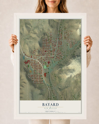 Map of Bayard, New Mexico, 24 x 36 inch print in a white wood frame