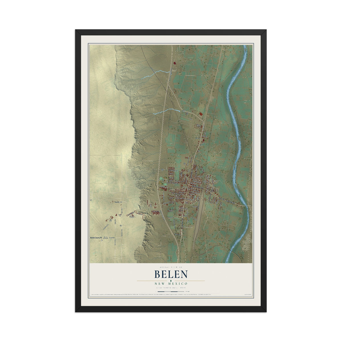 Map of Belen, New Mexico, 12 x 18 inch print in a black wood frame