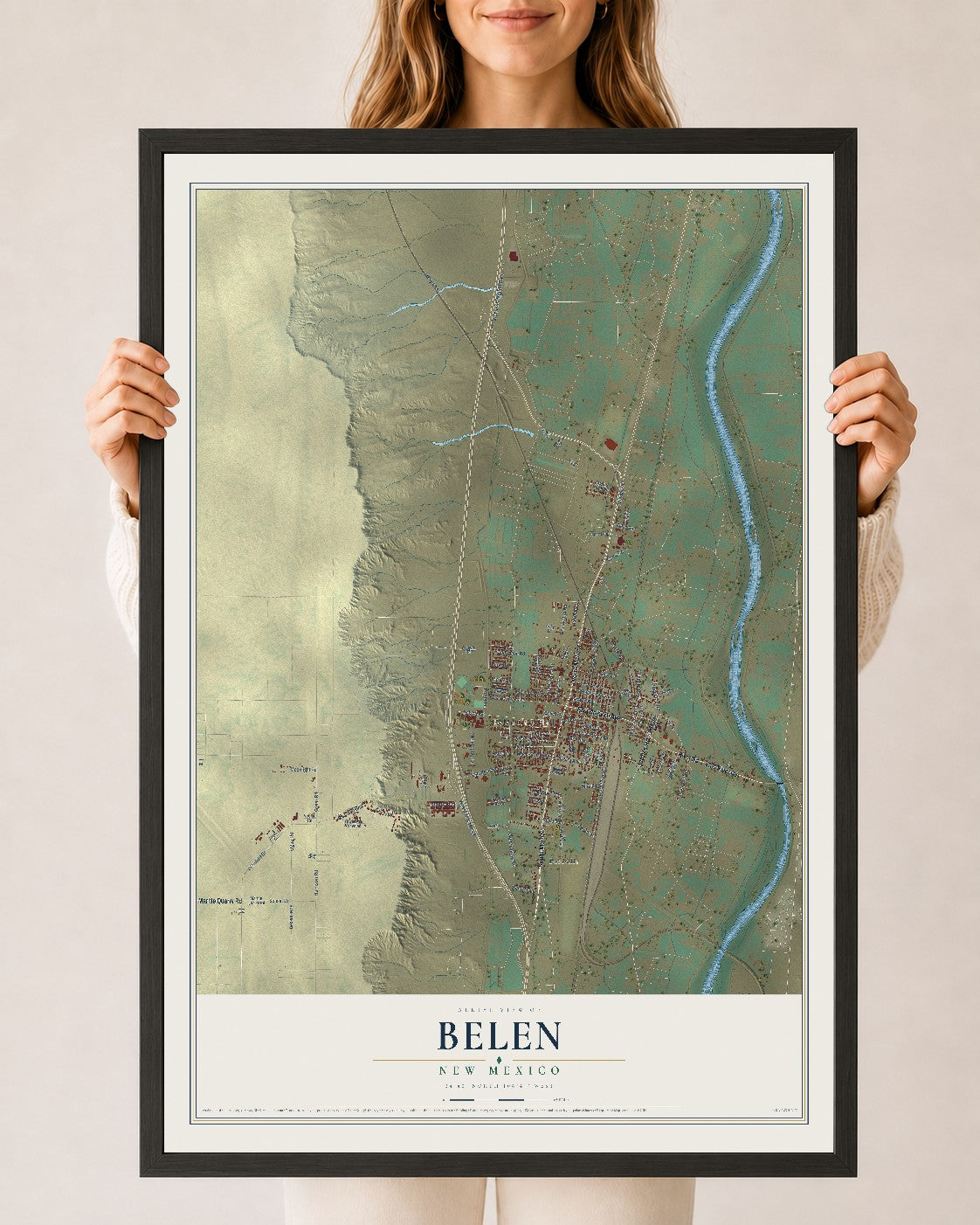 Map of Belen, New Mexico, 24 x 36 inch print in a black wood frame