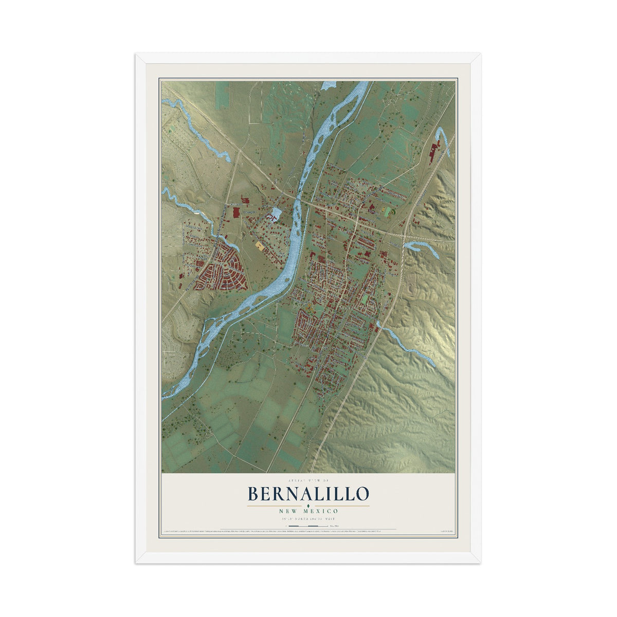 Map of Bernalillo, New Mexico, 12 x 18 inch print in a white wood frame