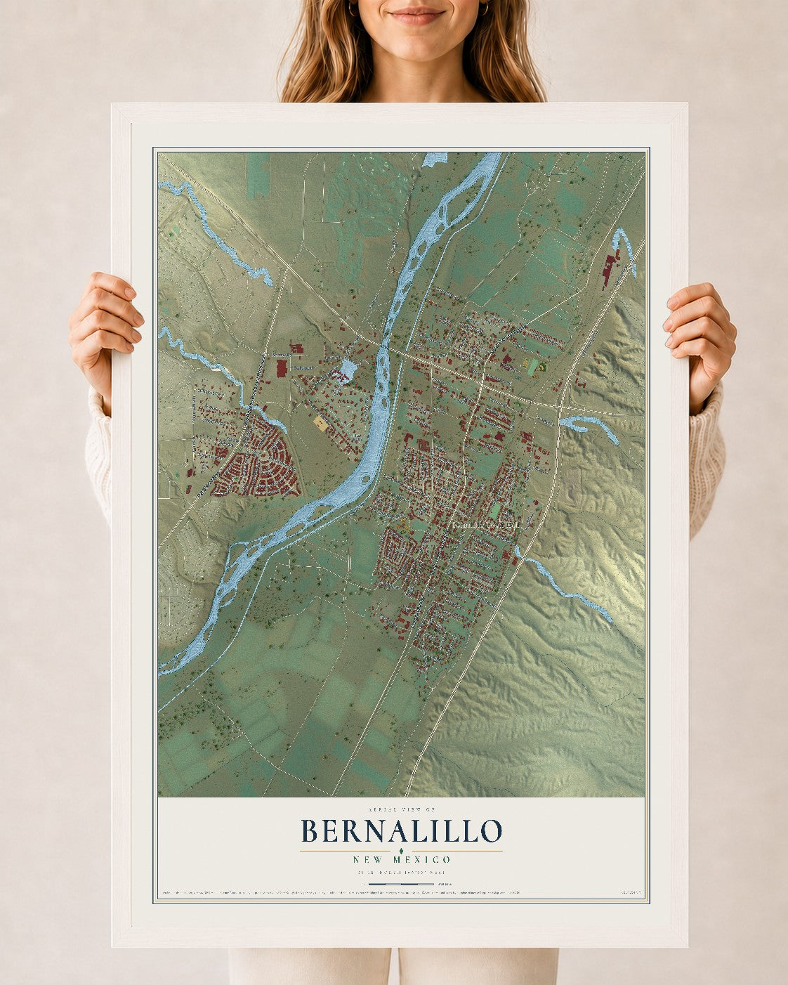 Map of Bernalillo, New Mexico, 24 x 36 inch print in a white wood frame