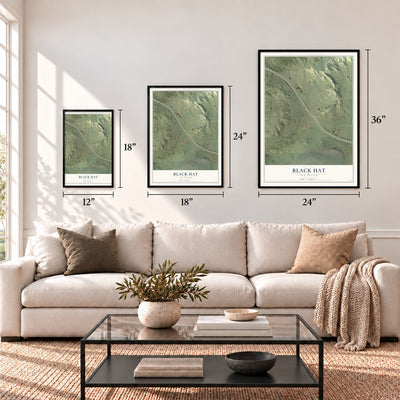 Black Hat, New Mexico map in 12 x 18, 18 x 24 and 24 x 36 inch sizes above a sofa
