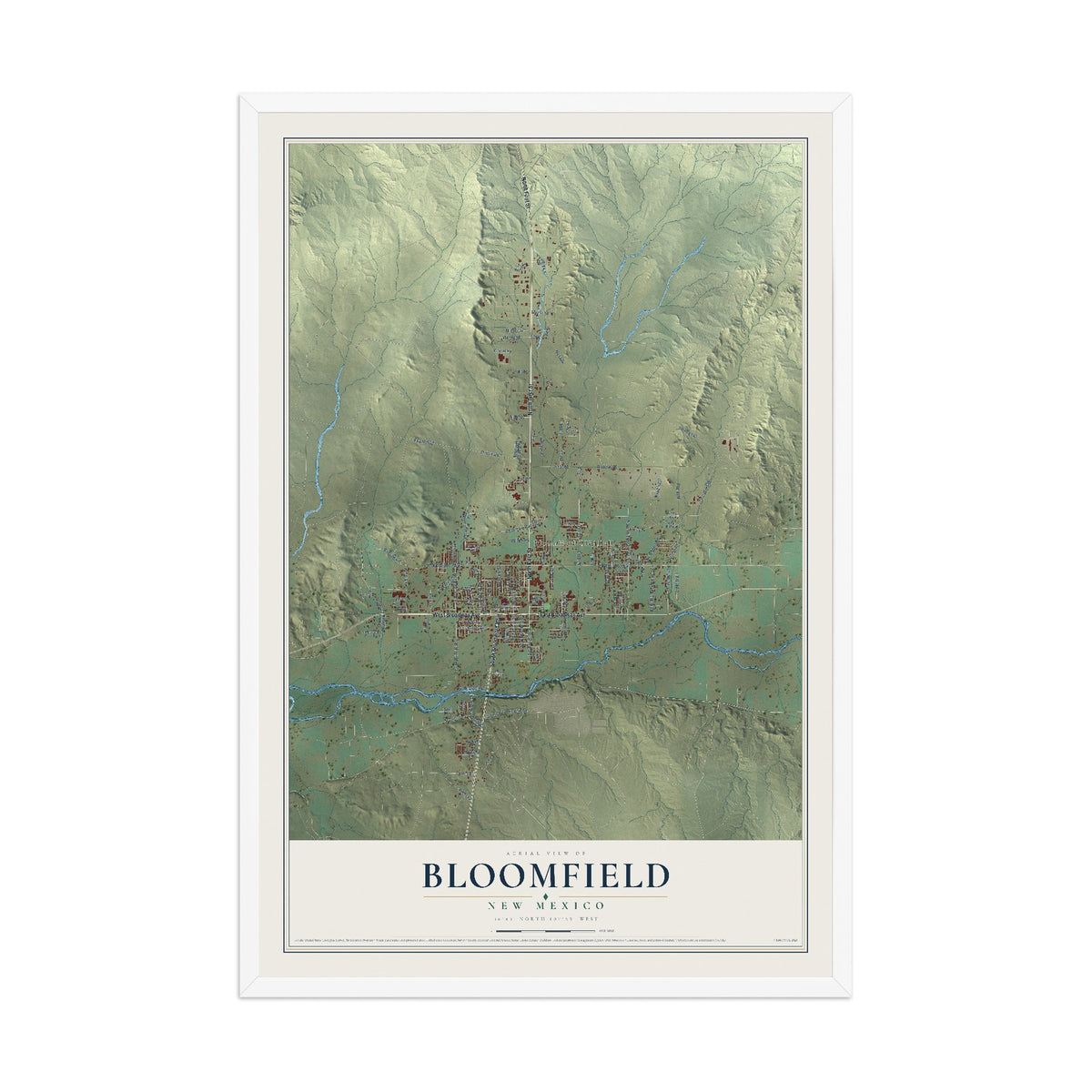 Map of Bloomfield, New Mexico, 12 x 18 inch print in a white wood frame