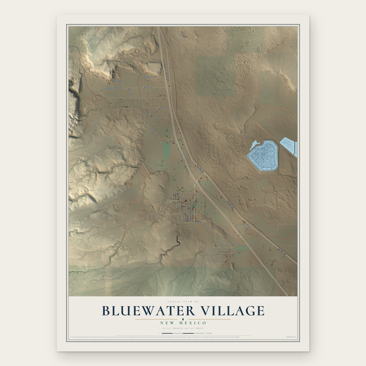 Bluewater Village, New Mexico map print, the full design