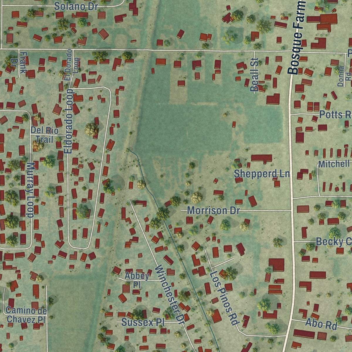 Close-up of the map of Bosque Farms, New Mexico print showing street and building detail