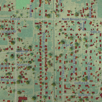 Second close-up of the map of Bosque Farms, New Mexico print showing more streets and buildings