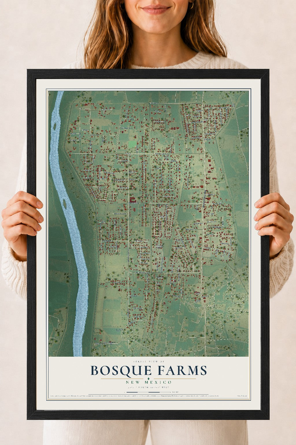 Map of Bosque Farms, New Mexico, 18 x 24 inch print in a black wood frame