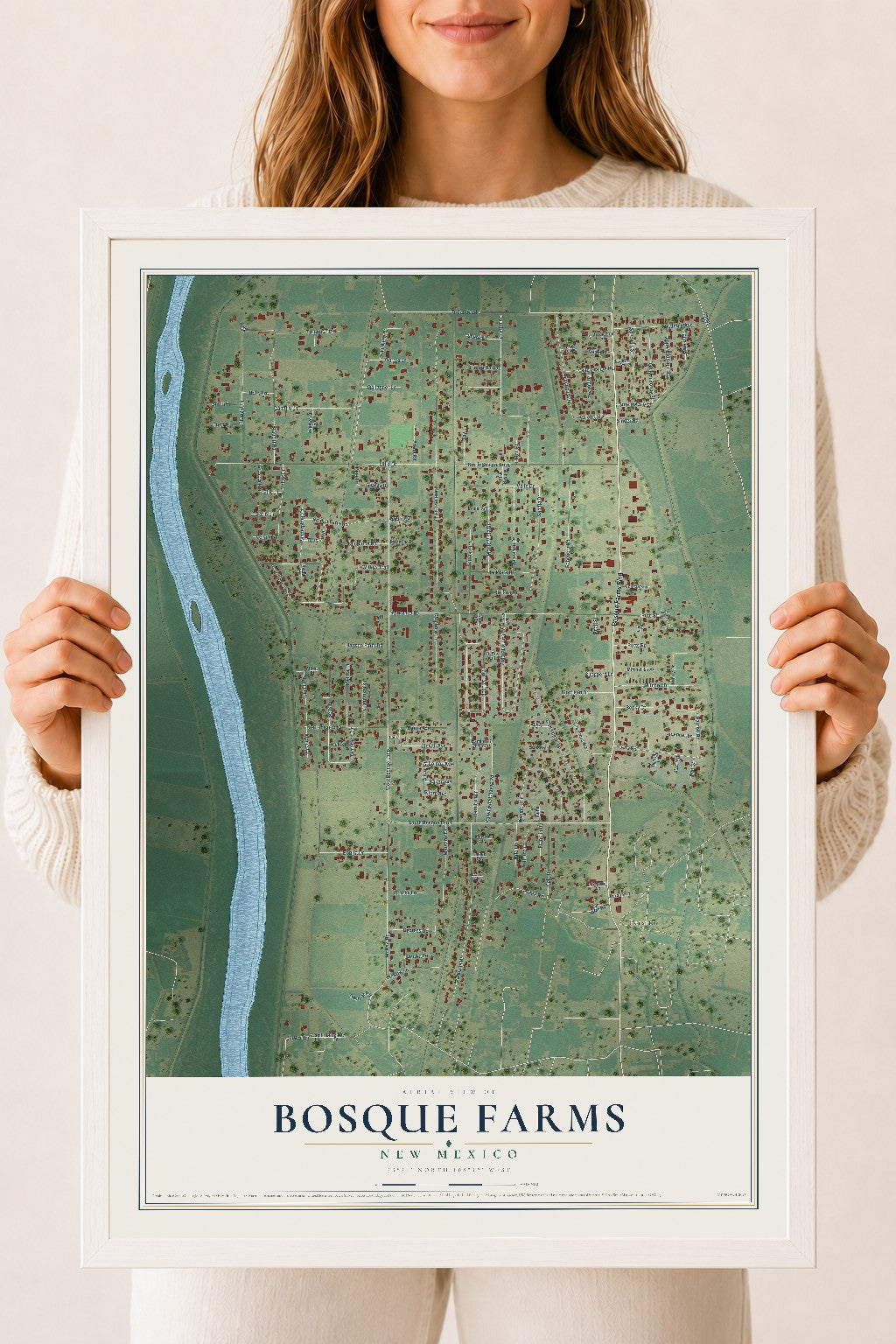 Map of Bosque Farms, New Mexico, 18 x 24 inch print in a white wood frame