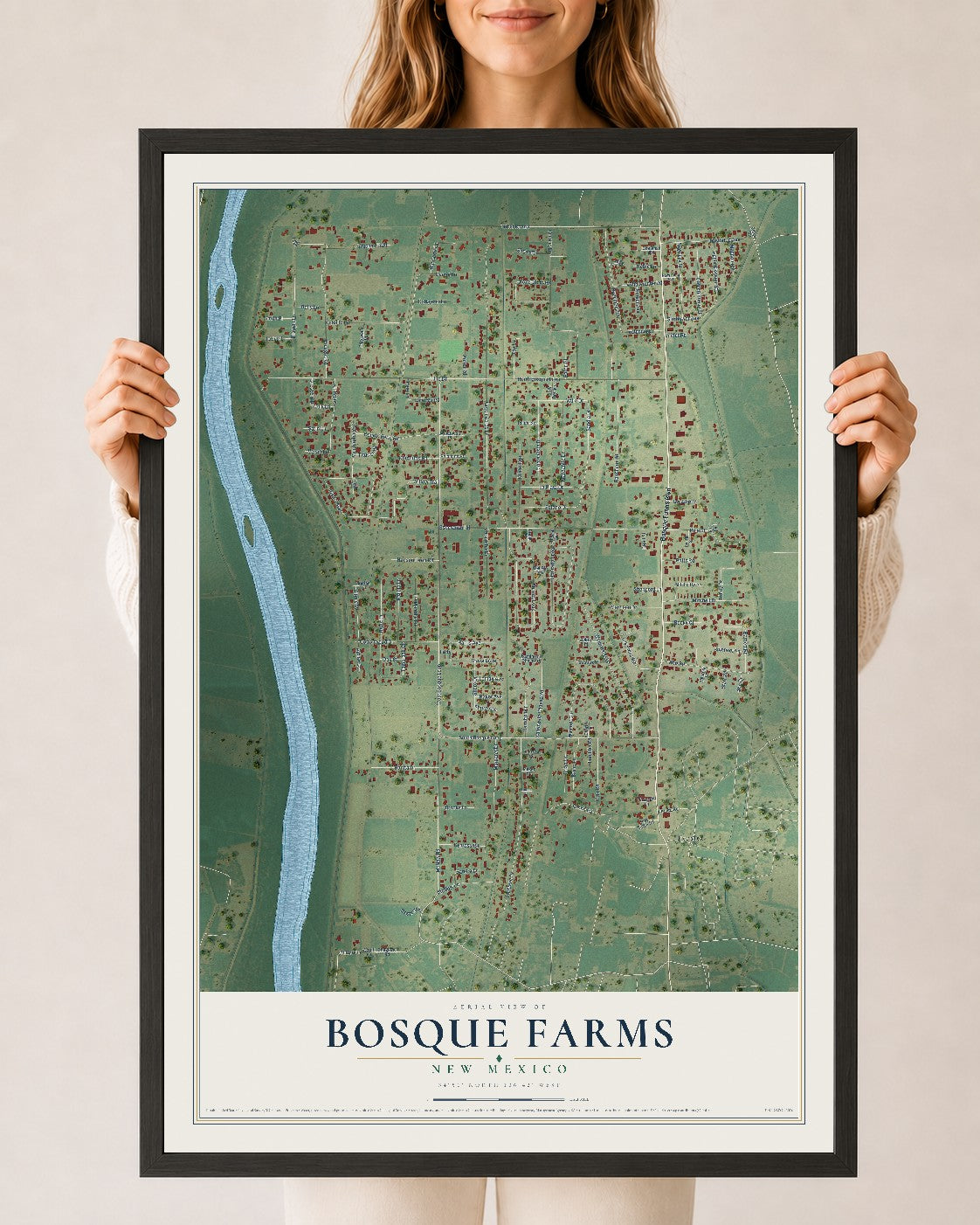 Map of Bosque Farms, New Mexico, 24 x 36 inch print in a black wood frame