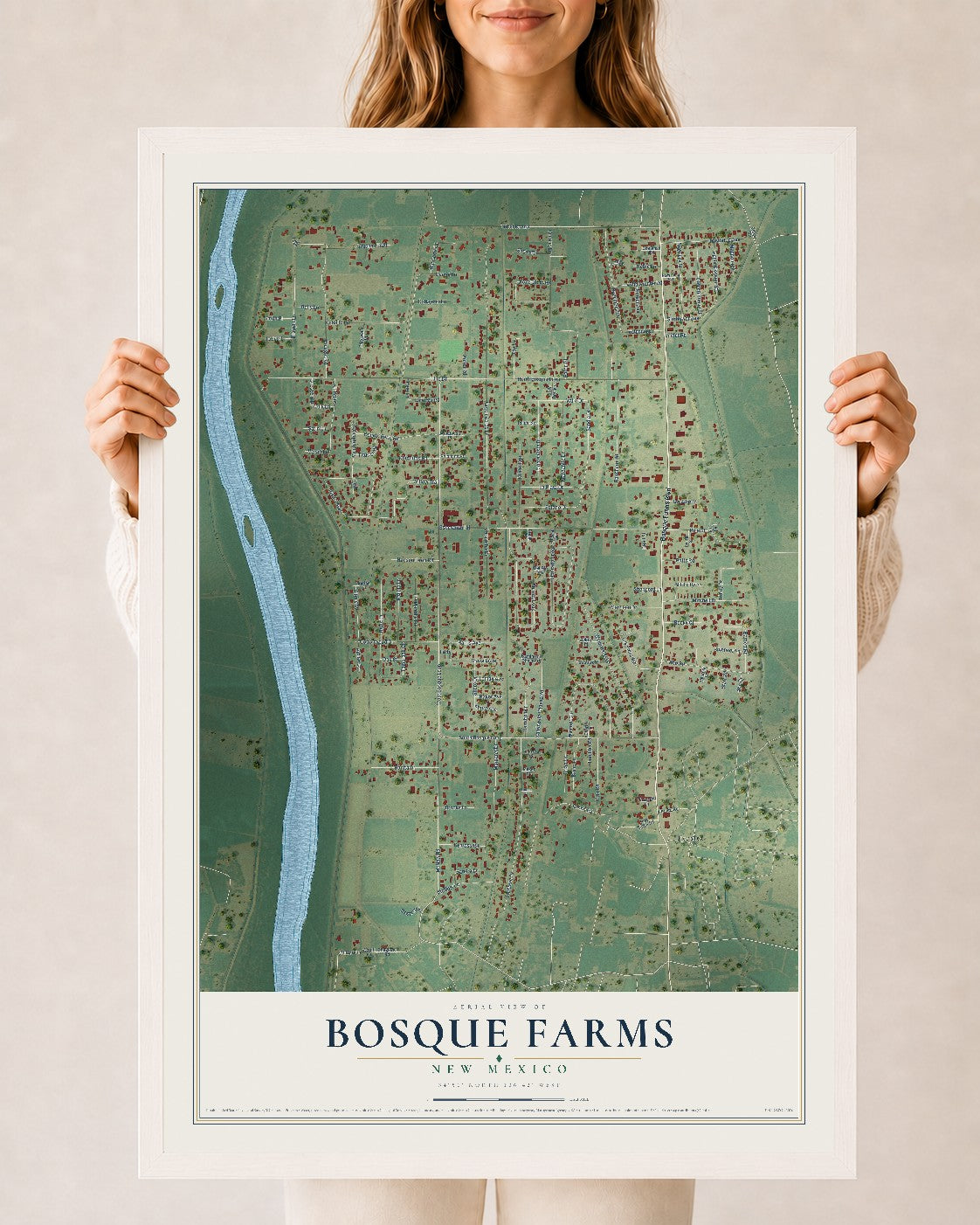 Map of Bosque Farms, New Mexico, 24 x 36 inch print in a white wood frame
