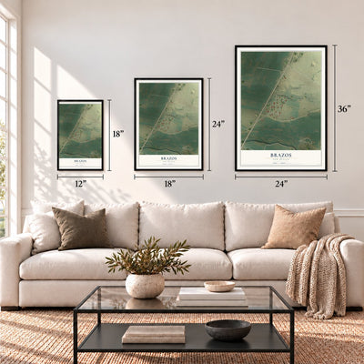 Brazos, New Mexico map in 12 x 18, 18 x 24 and 24 x 36 inch sizes above a sofa