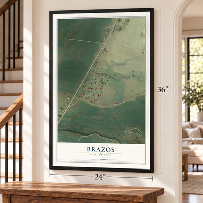 Brazos, New Mexico map, 24 x 36 inch print in a black frame by a staircase