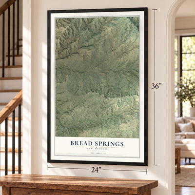 Bread Springs, New Mexico map, 24 x 36 inch print in a black frame by a staircase