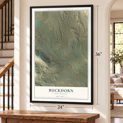 Buckhorn, New Mexico map, 24 x 36 inch print in a black frame by a staircase