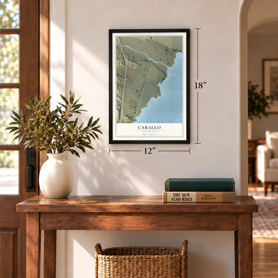 Caballo, New Mexico map, 12 x 18 inch print in a black frame in an entryway
