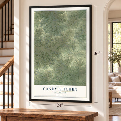 Candy Kitchen, New Mexico map, 24 x 36 inch print in a black frame by a staircase