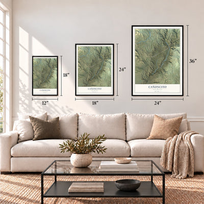 Cañoncito, New Mexico map in 12 x 18, 18 x 24 and 24 x 36 inch sizes above a sofa