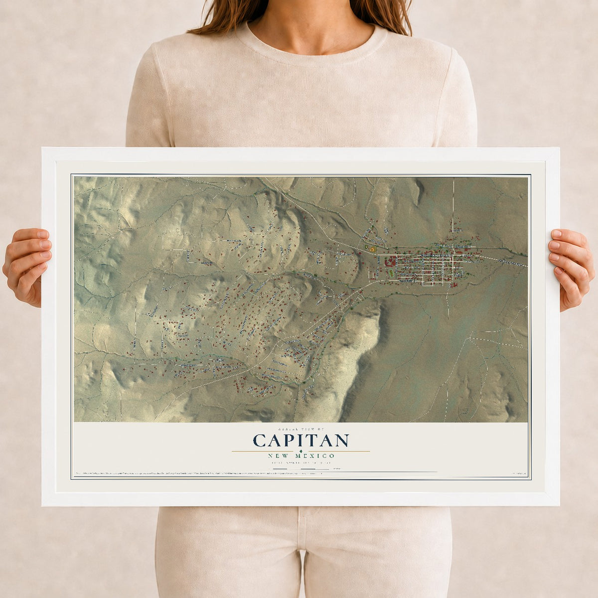 Map of Capitan, New Mexico, 12 x 18 inch print in a white wood frame