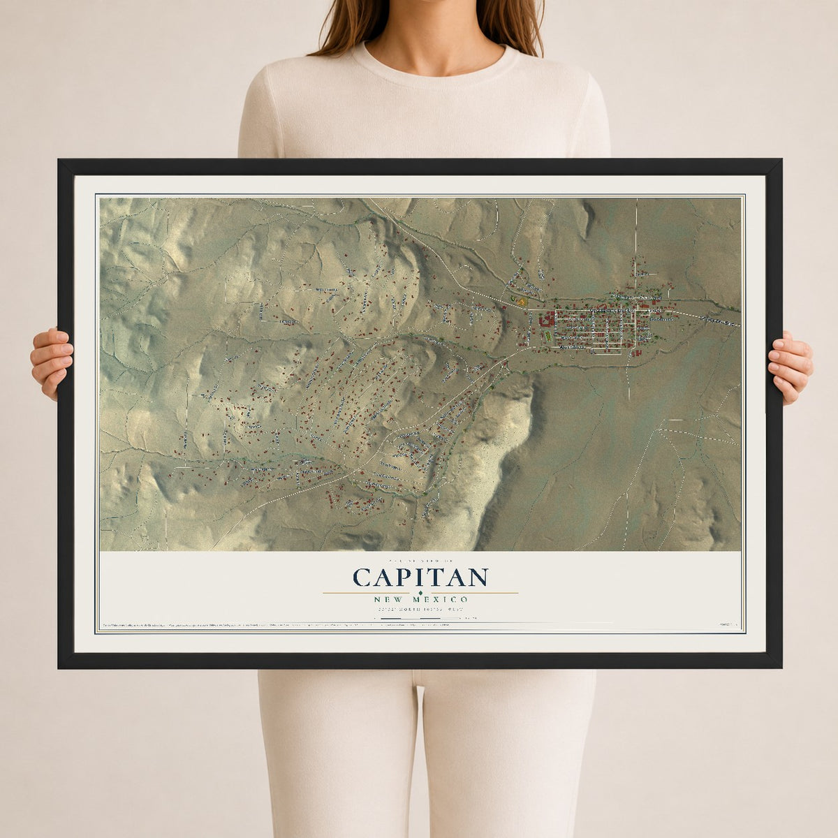 Map of Capitan, New Mexico, 24 x 36 inch print in a black wood frame