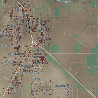 Second close-up of the map of Carlsbad, New Mexico print showing more streets and buildings