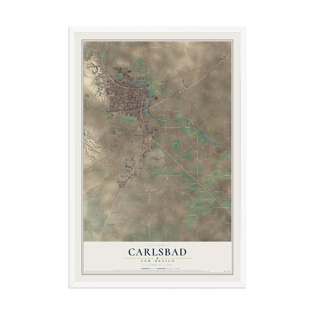 Map of Carlsbad, New Mexico, 12 x 18 inch print in a white wood frame