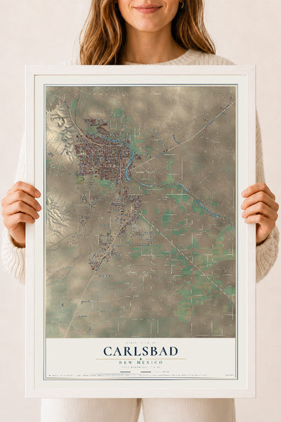 Map of Carlsbad, New Mexico, 18 x 24 inch print in a white wood frame