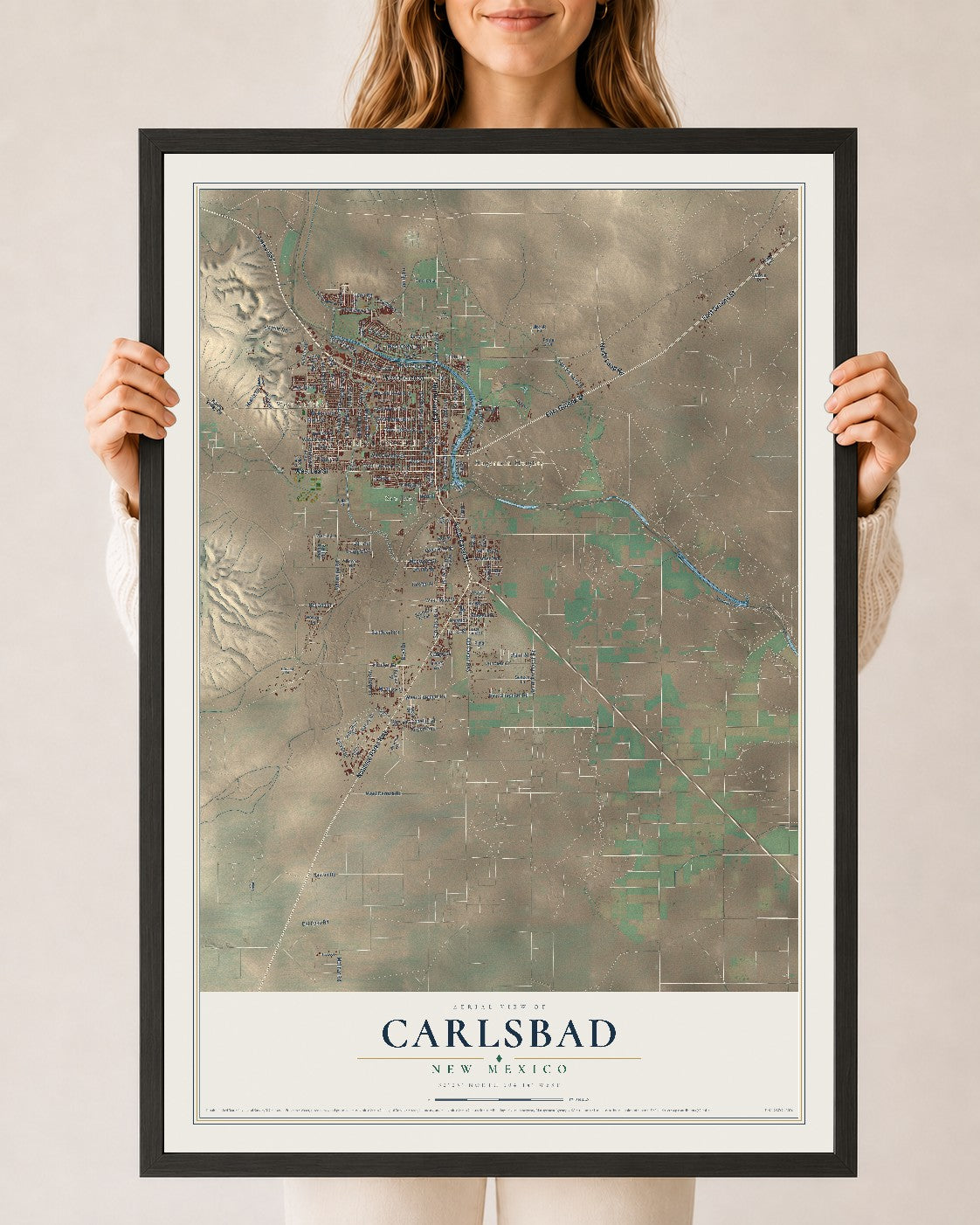 Map of Carlsbad, New Mexico, 24 x 36 inch print in a black wood frame