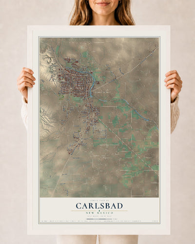 Map of Carlsbad, New Mexico, 24 x 36 inch print in a white wood frame