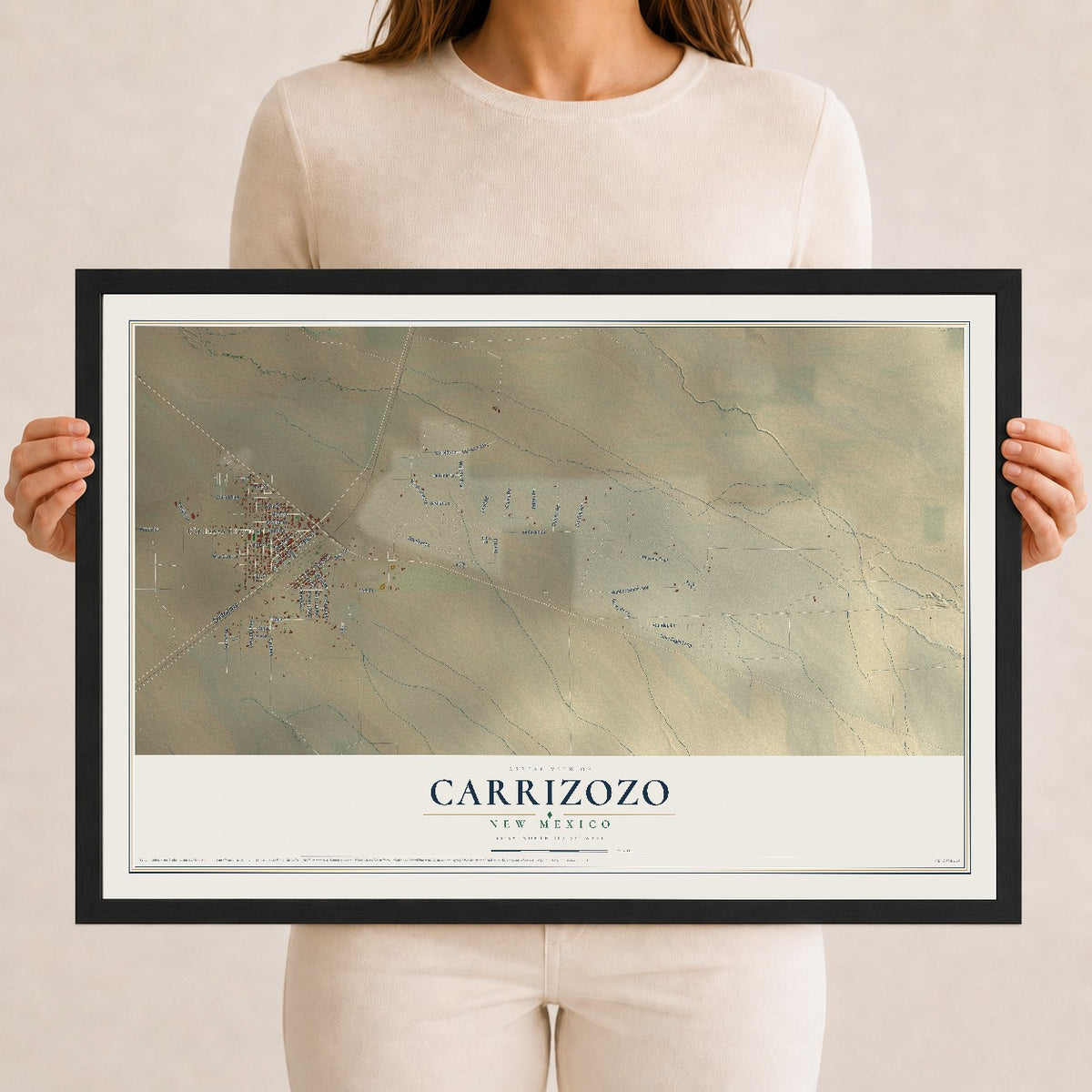 Map of Carrizozo, New Mexico, 12 x 18 inch print in a black wood frame