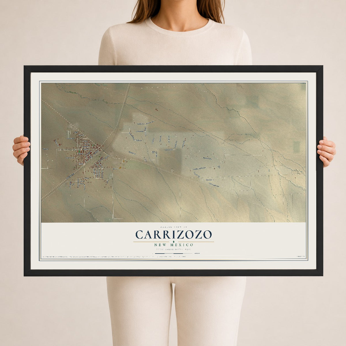 Map of Carrizozo, New Mexico, 24 x 36 inch print in a black wood frame