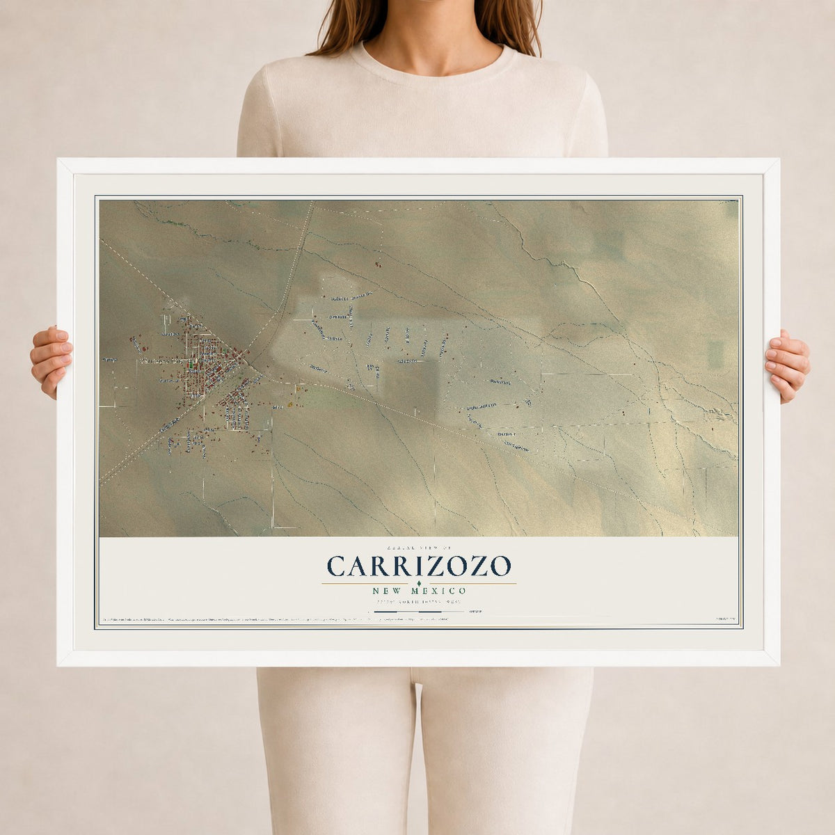 Map of Carrizozo, New Mexico, 24 x 36 inch print in a white wood frame