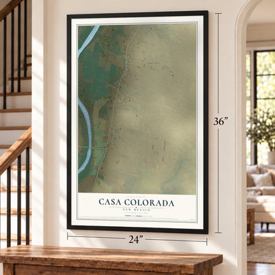 Casa Colorada, New Mexico map, 24 x 36 inch print in a black frame by a staircase