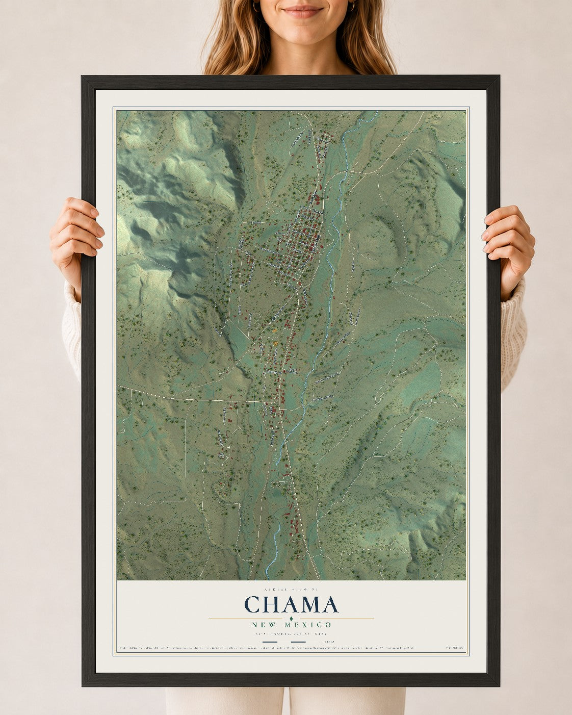 Map of Chama, New Mexico, 24 x 36 inch print in a black wood frame