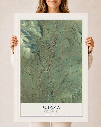 Map of Chama, New Mexico, 24 x 36 inch print in a white wood frame