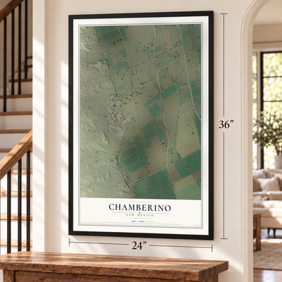 Chamberino, New Mexico map, 24 x 36 inch print in a black frame by a staircase