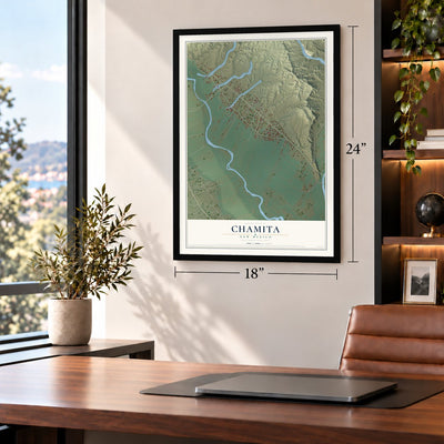 Chamita, New Mexico map, 18 x 24 inch print in a black frame in a home office